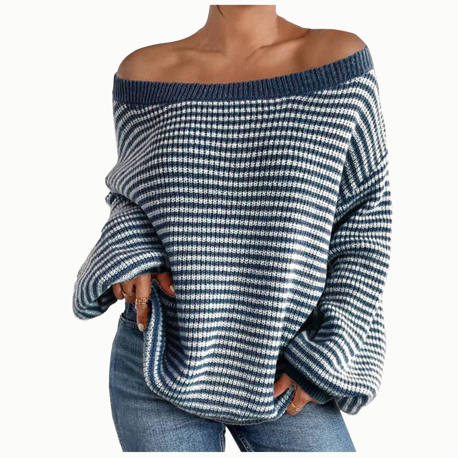 Womens Sweater Long Sleev Casual Loose Striped Off Shoulder Casual Oversized Knitted Sweater Pullovers - Image 2