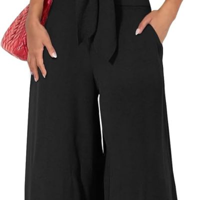 Women Summer 2 Piece Outfits 2025 Cap Sleeve V Neck Belted Crop Tops Wide Leg Pant Sets Casual Tracksuit