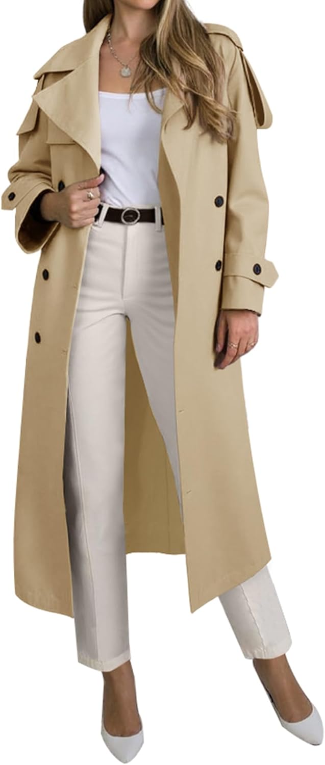 Women's Long Trench Coat Double Breasted Lapel Oversized Windproof Overcoat with Belt