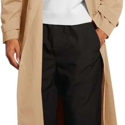 Mens Trench Coat Double Breasted Belted Windbreaker Jackets Lapel Lightweight Long Jacket Casual Overcoat