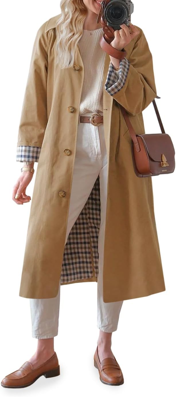 Womens Long Trench Coat Single Breasted Oversized Windproof Overcoat Fashion Outerwear