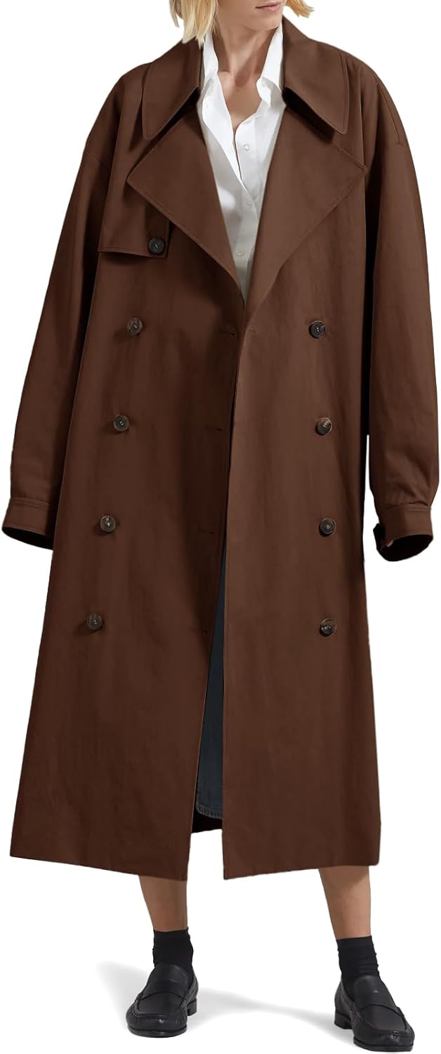 Womens Double Breasted Long Trench Coat Oversized Classic Lapel Belted Overcoat - Image 2