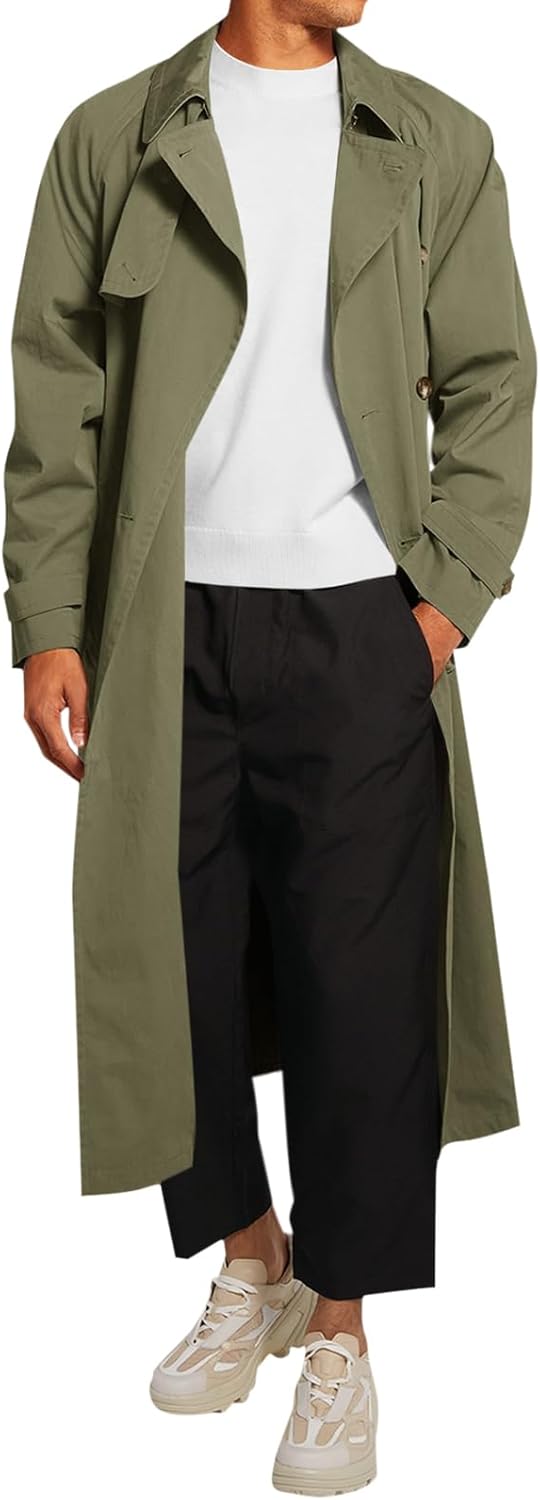 Mens Trench Coat Double Breasted Belted Windbreaker Jackets Lapel Lightweight Long Jacket Casual Overcoat
