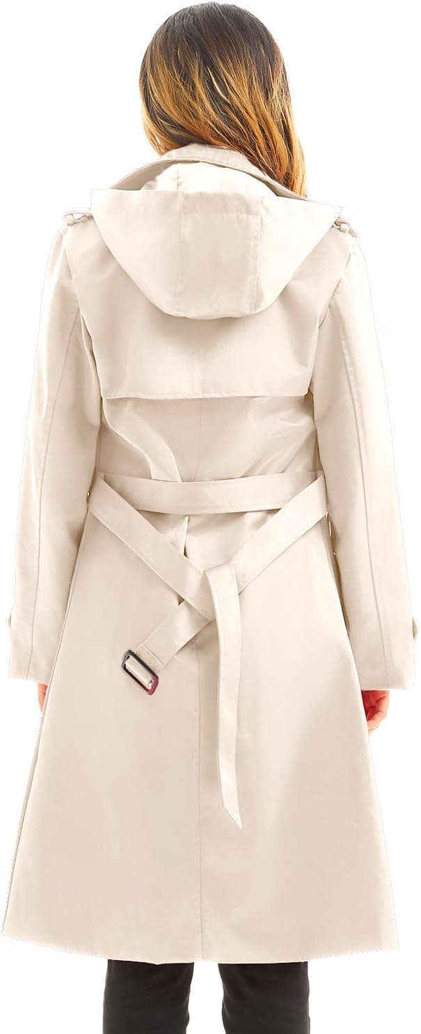 Women's Waterproof Trench Coat Long Double Breasted Windbreaker Classic Belted Lapel Overcoat with Removable Hood - Image 2