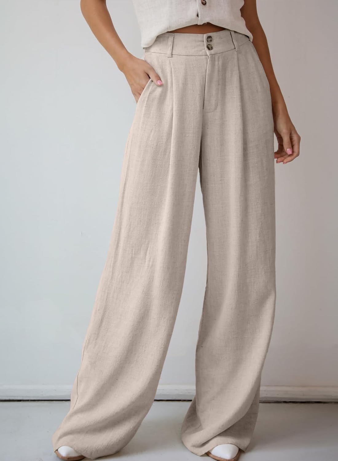 Women Linen Pants Casual Loose Wide Leg Pants for Women Elastic Waist Palazzo Pants Trousers with Pockets - Image 2