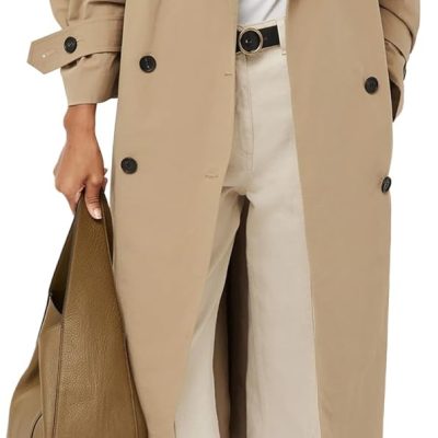 Womens Oversized Long Trench Coat Double Breasted Lapel Windproof Overcoat with Belt