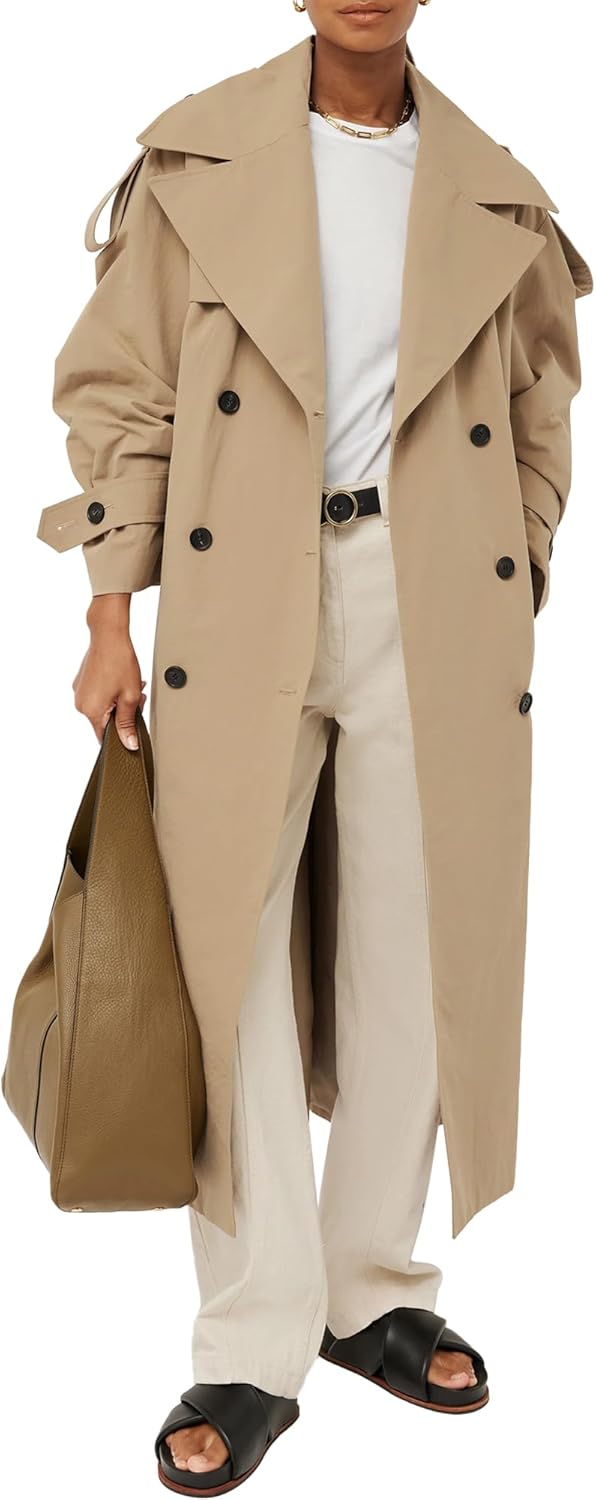 Womens Oversized Long Trench Coat Double Breasted Lapel Windproof Overcoat with Belt
