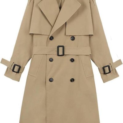 Women's Double Breasted Long Trench Coat Belted Notch Lapel Overcoat Windproof Classic Outerwear