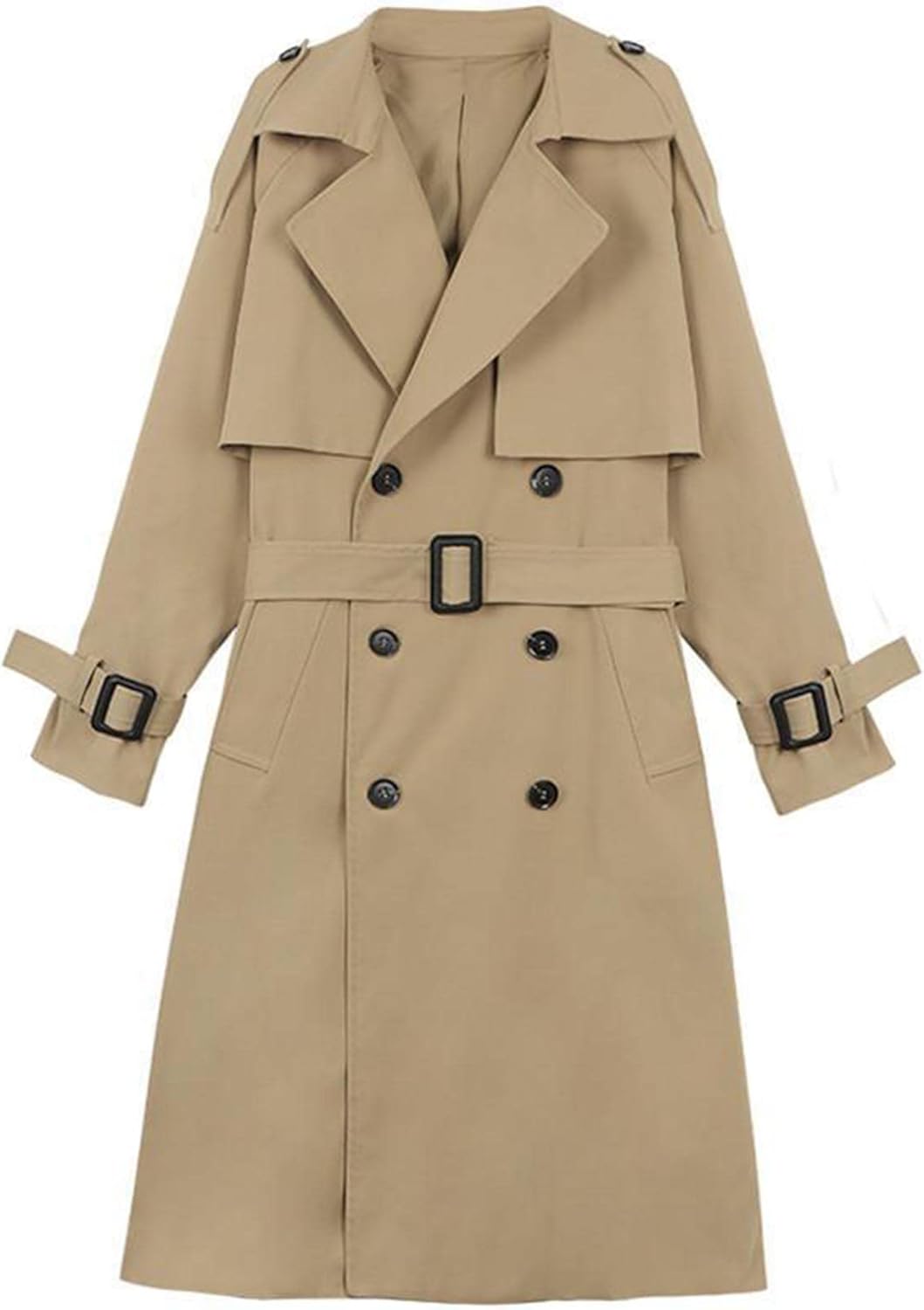 Women's Double Breasted Long Trench Coat Belted Notch Lapel Overcoat Windproof Classic Outerwear