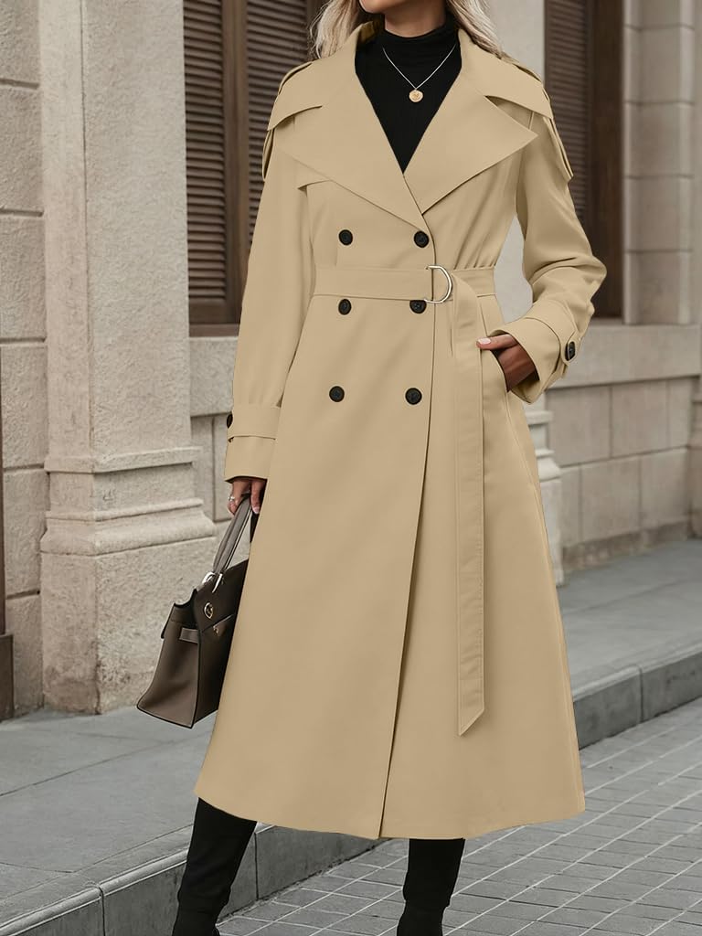 Women's Long Trench Coat Double Breasted Lapel Oversized Windproof Overcoat with Belt - Image 2