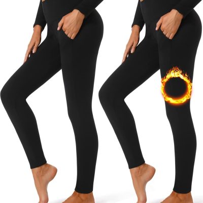 2 Pack Fleece Lined Leggings with Pockets for Women High Waisted Thermal Winter Yoga Pants for Workout Running