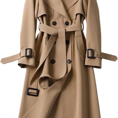 Women's Double Breasted Long Trench Coat Belted Notch Lapel Overcoat Windproof Classic Outerwear