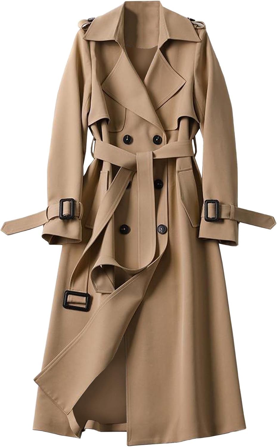 Women's Double Breasted Long Trench Coat Belted Notch Lapel Overcoat Windproof Classic Outerwear
