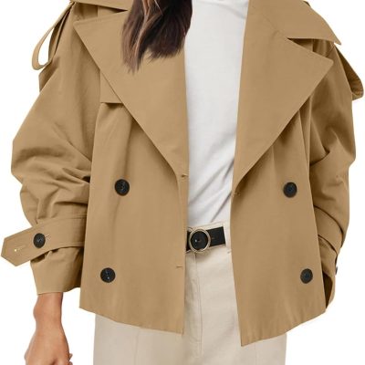 Womens Cropped Trench Coat Casual Double Breasted Short Jacket Fall Fashion Outerwear with Belt
