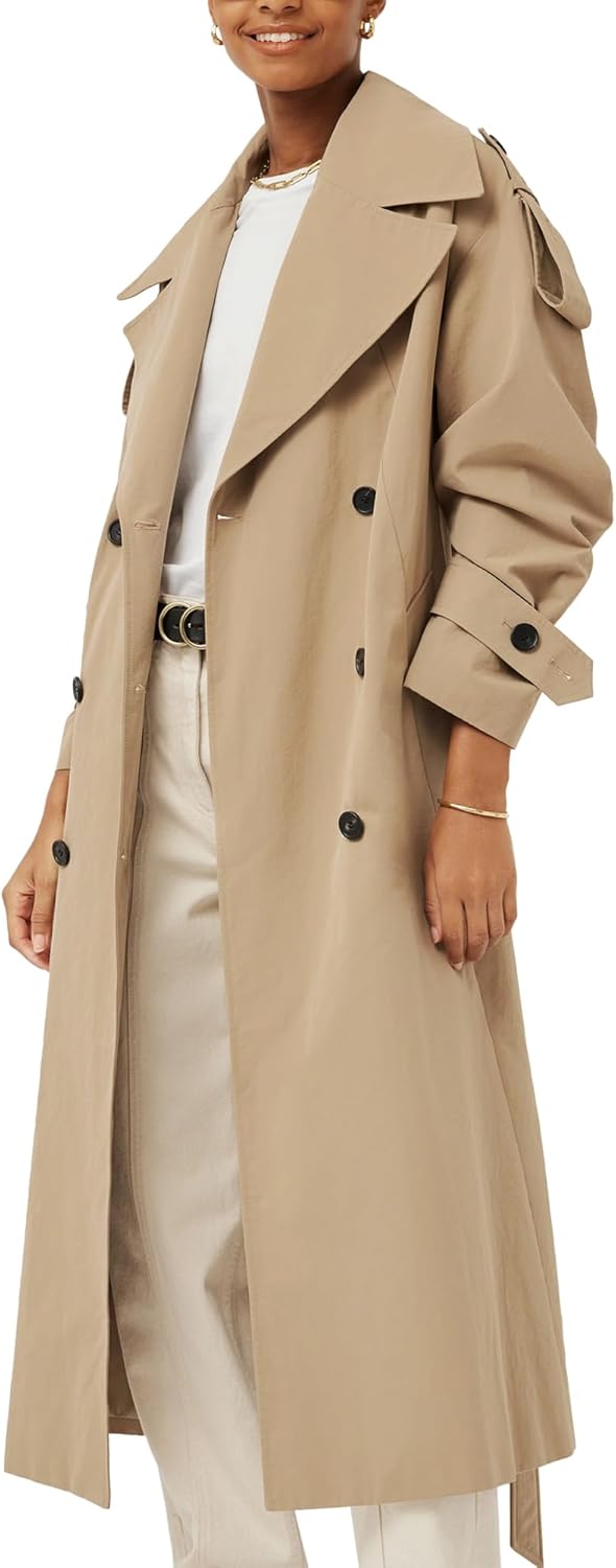 Womens Oversized Long Trench Coat Double Breasted Lapel Windproof Overcoat with Belt - Image 2