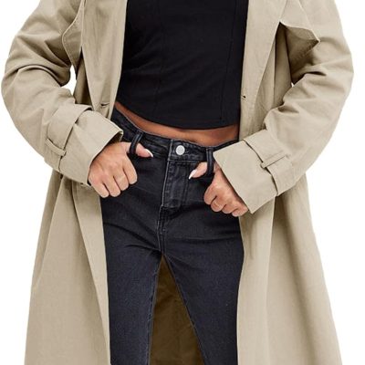 Women's Double Breasted Trench Coats Causal Windproof Long Lapel Pocketed Overcoat with Belt