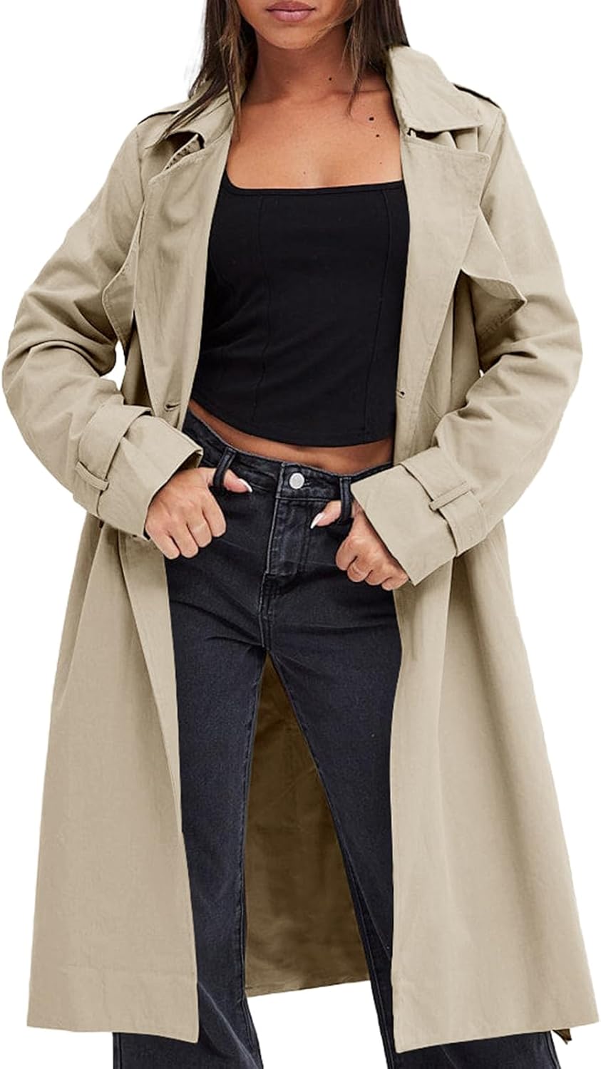 Women's Double Breasted Trench Coats Causal Windproof Long Lapel Pocketed Overcoat with Belt