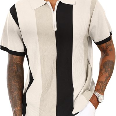 Men Fashion Polo Shirts Vintage Striped Knitting Shirts Casual Slim Fit Golf Shirts