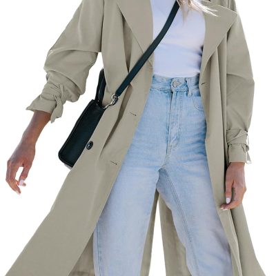 Womens Long Trench Coat Double Breasted Notch Lapel Lightweight Oversized Windproof Fall Overcoat with Belt