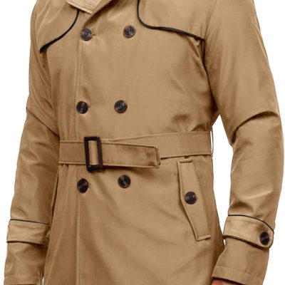 Men's Trench Coat Slim fit Double Breasted Notched Lapel Belted Windbreaker Long Jacket Casual Windproof Overcoat