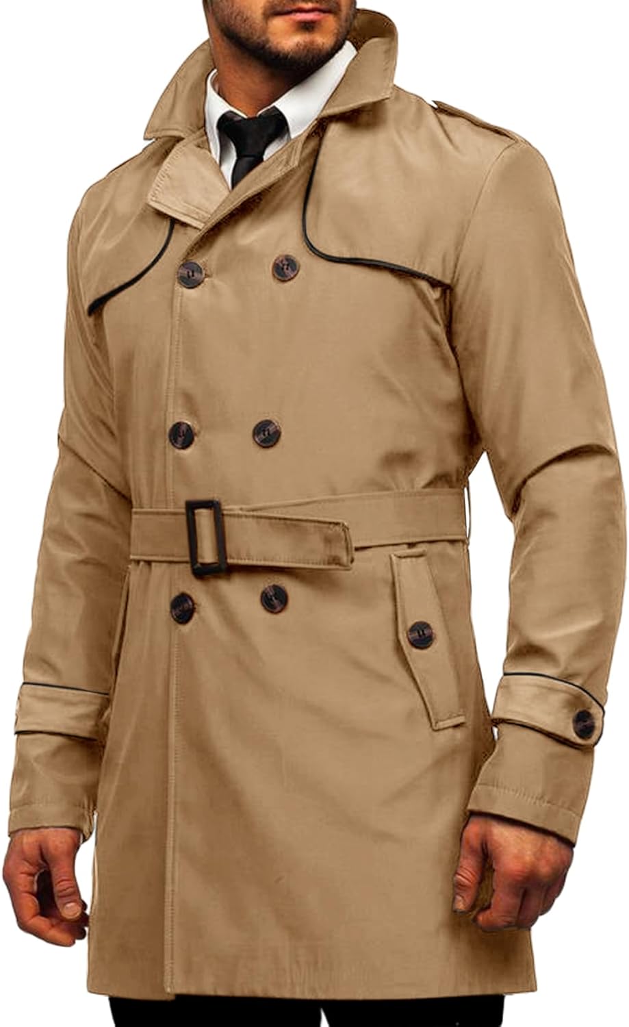 Men's Trench Coat Slim fit Double Breasted Notched Lapel Belted Windbreaker Long Jacket Casual Windproof Overcoat