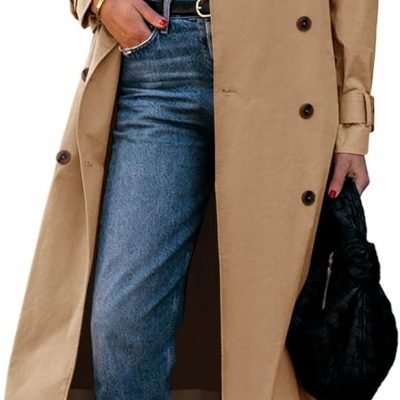 Womens Long Trench Coat Double Breasted Classic Lapel Fall Overcoat with Belt