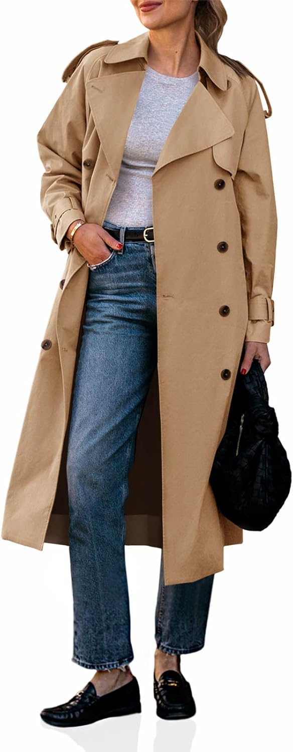 Womens Long Trench Coat Double Breasted Classic Lapel Fall Overcoat with Belt