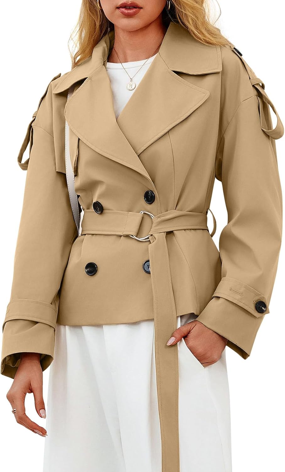 Womens Cropped Trench Coat Casual Double Breasted Short Jacket Fall Fashion Outerwear with Belt - Image 2