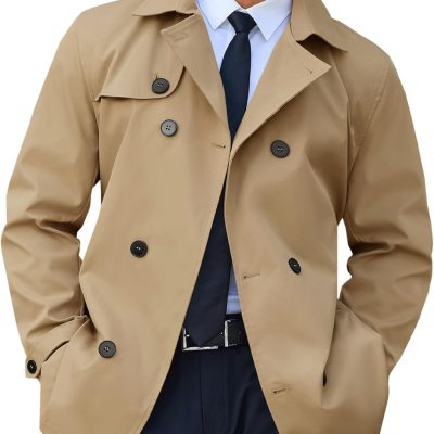 Mens Trench Coat Double Breasted Notched Lapel Jacket Casual Belted Windbreaker Overcoat