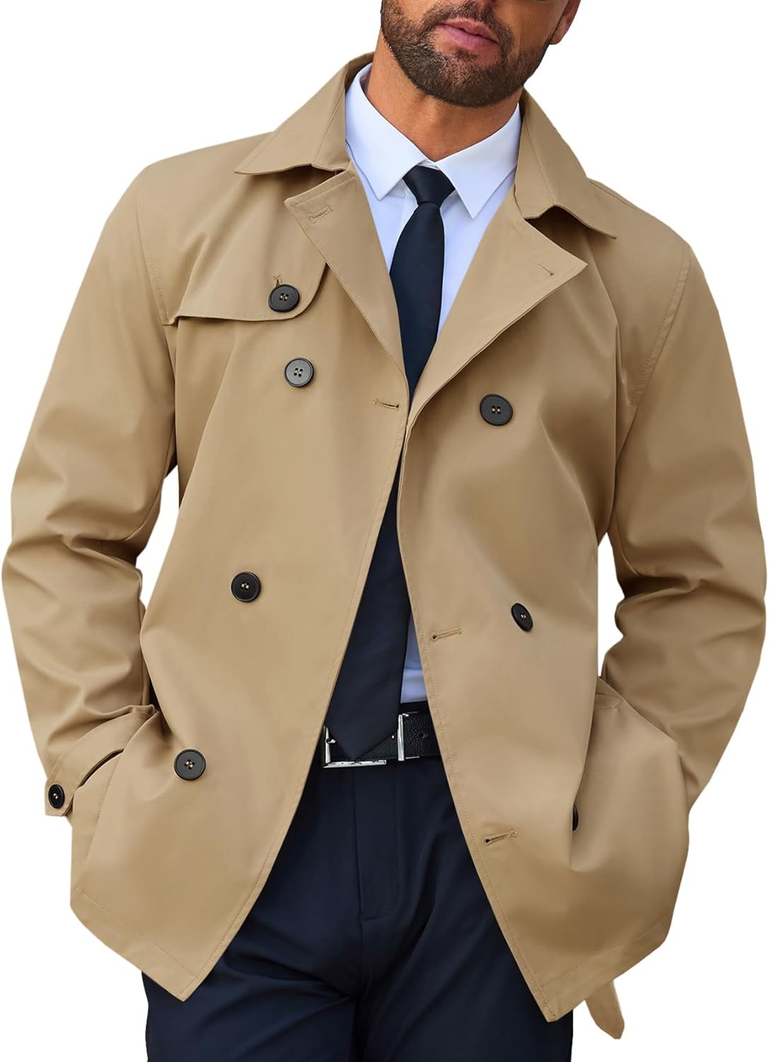Mens Trench Coat Double Breasted Notched Lapel Jacket Casual Belted Windbreaker Overcoat