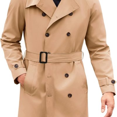 Mens Trench Coat Double Breasted Mid Long Jacket Casual Belted Overcoat Notched Lapel Windbreaker