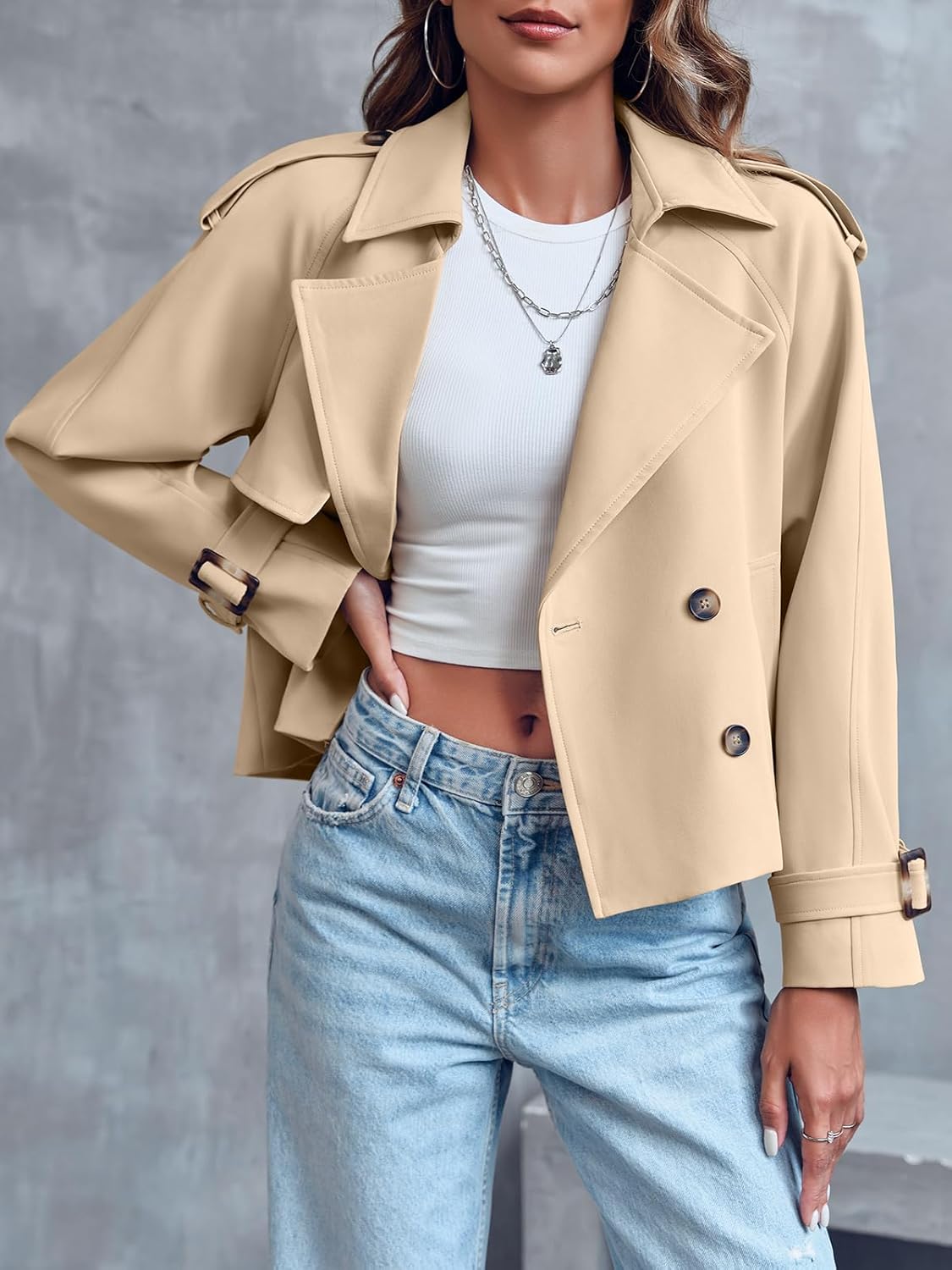 Women Crop Double Breasted Trench Coat Raglan Sleeve Work Office Cropped Jacket With Pockets - Image 2