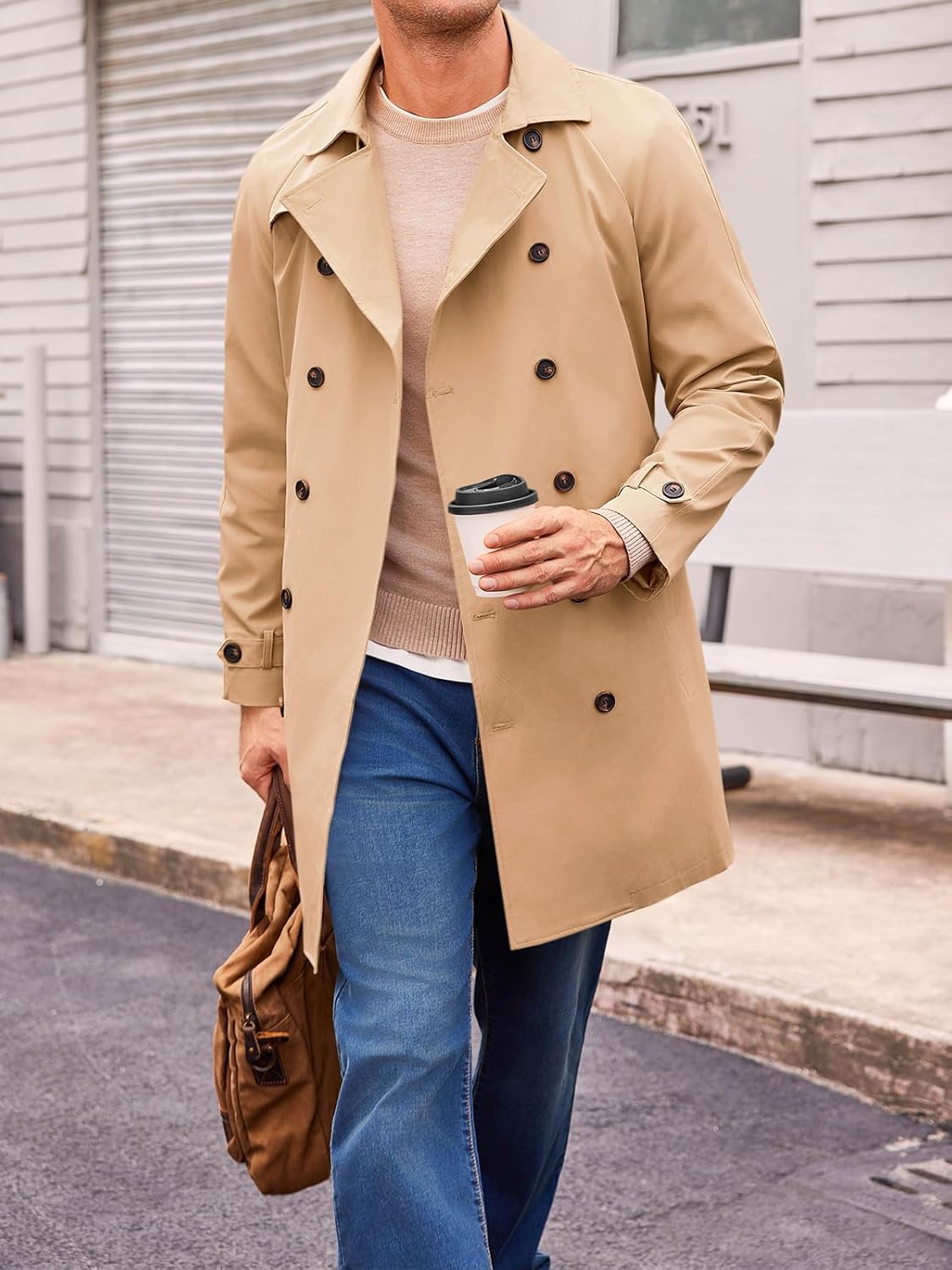 Mens Trench Coat Double Breasted Mid Long Jacket Casual Belted Overcoat Notched Lapel Windbreaker - Image 2
