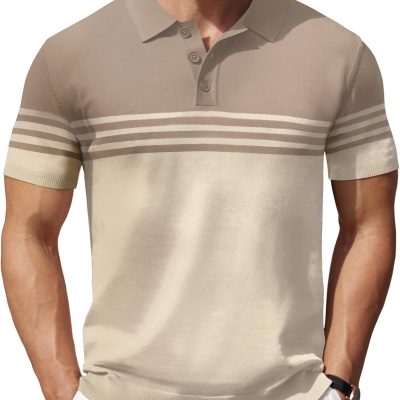 Men Knit Polo Shirts Short Sleeve Striped Golf Polo Shirts Lightweight Casual Collared T Shirt