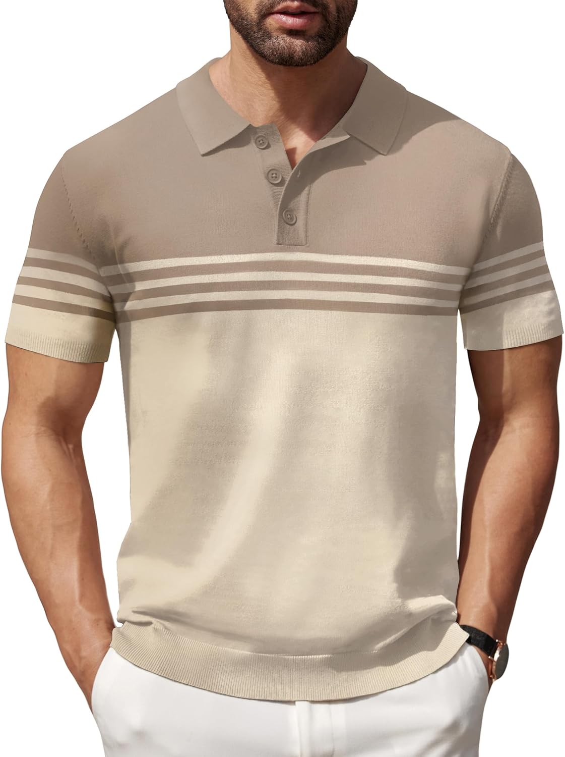Men Knit Polo Shirts Short Sleeve Striped Golf Polo Shirts Lightweight Casual Collared T Shirt