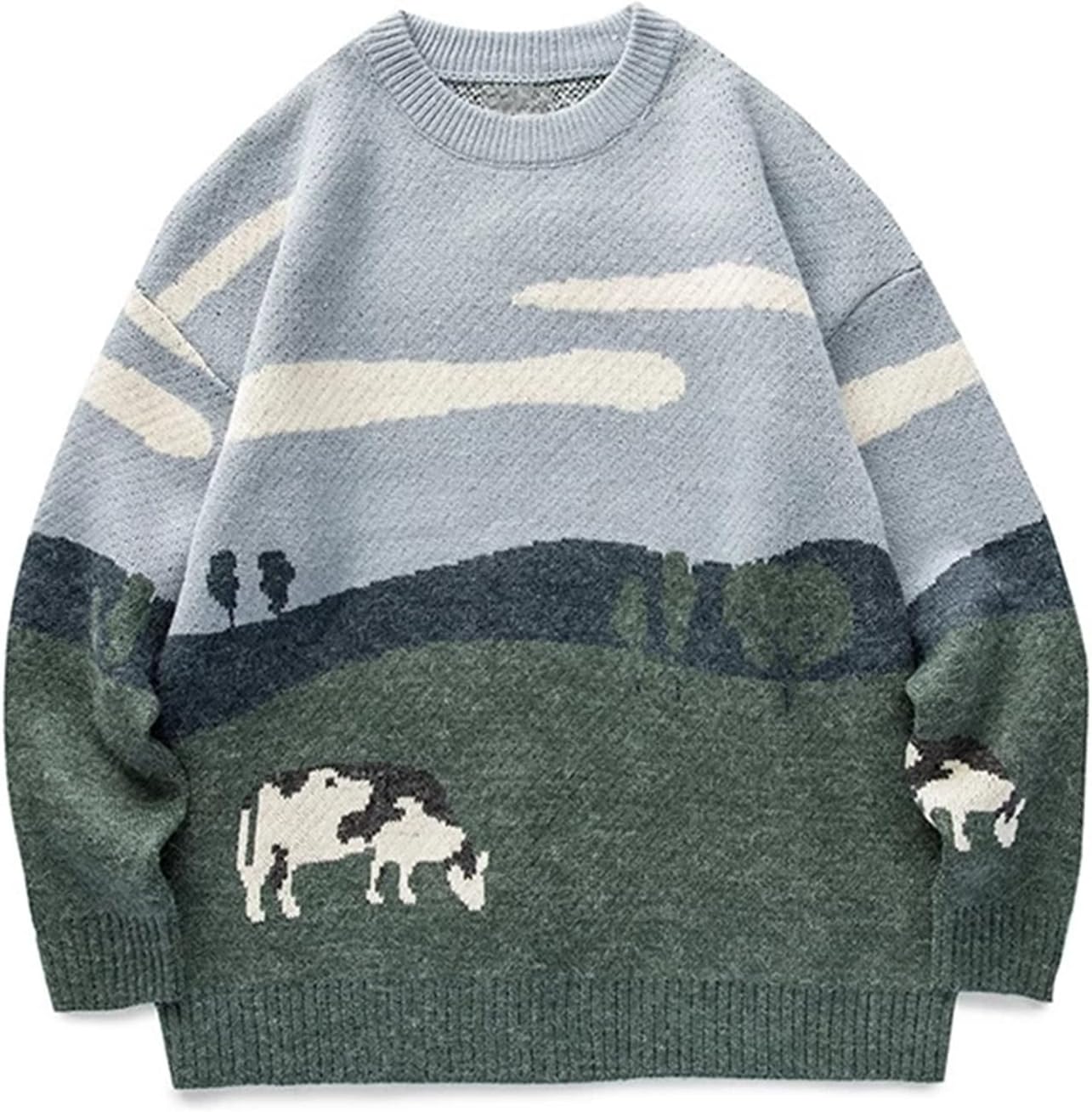 Men Vintage Sweater Grandpa Casual Cable Knit Sweater Pullover Graphic Crewneck Tops