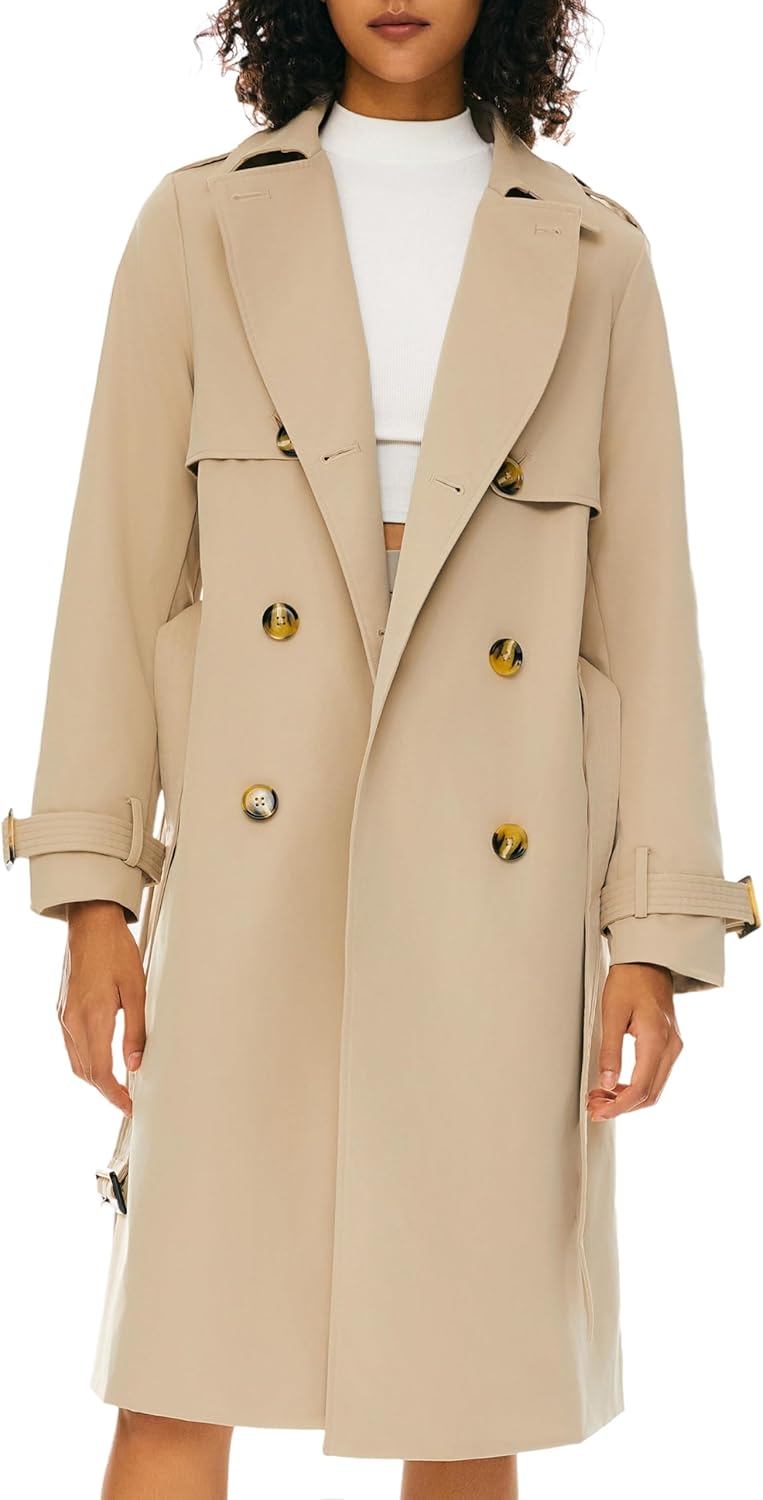 Women's 3/4 Length Double Breasted Trench Coat Lapel Jacket with Belt