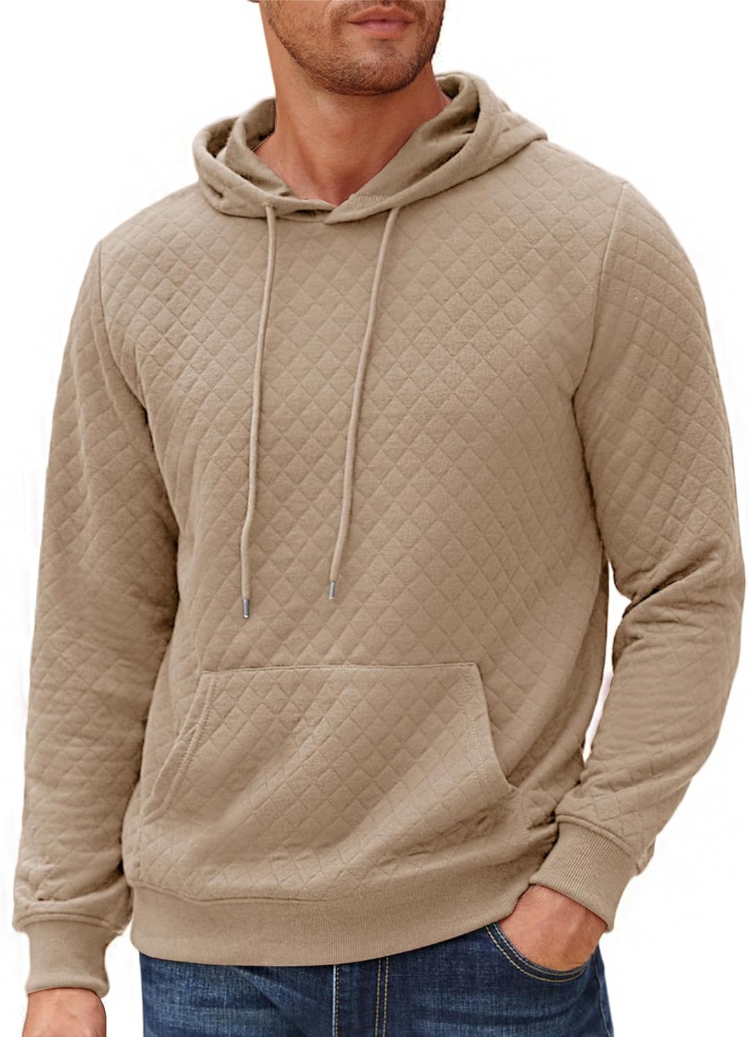 Mens Hooded Sweatshirt Long Sleeve Quilted Sweatshirt Casual Fashion Pullover Hoodies with Pocket