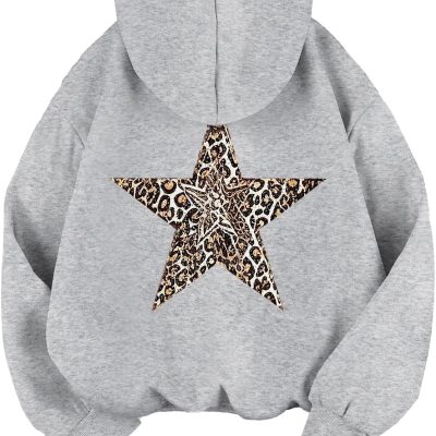 Women's Leopard Star Print Hooded Sweatshirt Casual Long Sleeve Pullover Tops
