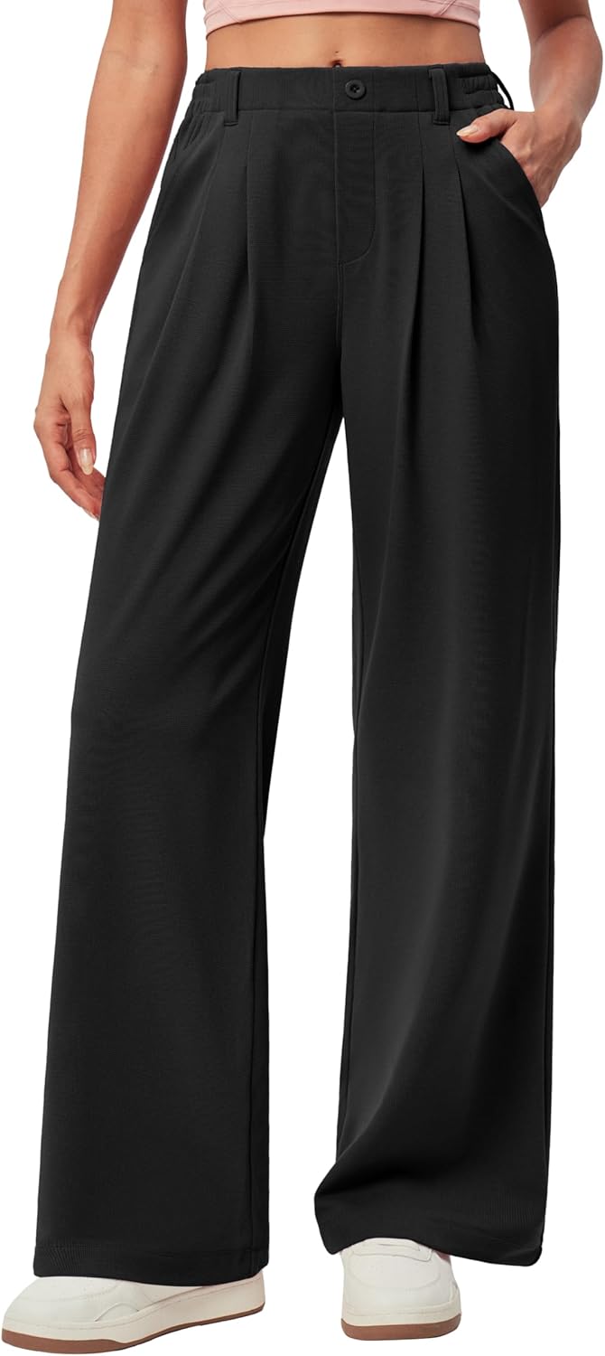 Wide Leg Stretchy Work Pants Pull on Business Casual Pants for Women High Waisted Slacks, 26''/28'' Dress Pants