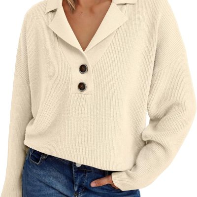 Women V Neck Pullover Sweaters Casual Cable Knit Chunky Warm Cute Tops with Collar Polo