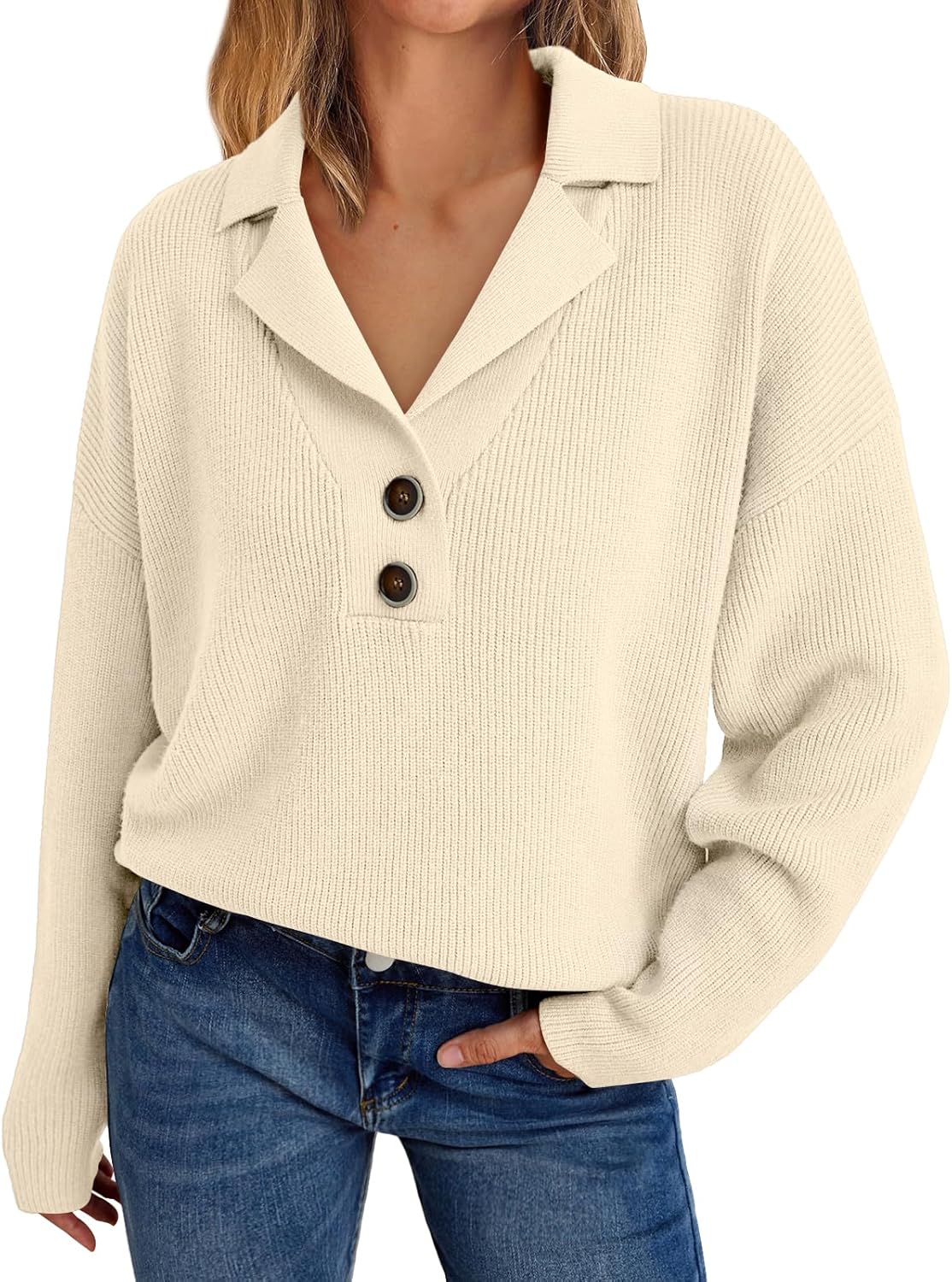 Women V Neck Pullover Sweaters Casual Cable Knit Chunky Warm Cute Tops with Collar Polo