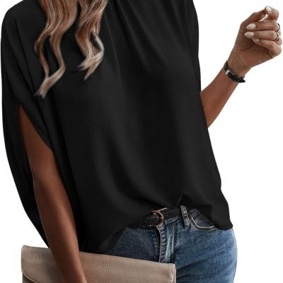 women Casual Tie Back Dolman Sleeve Mock Neck Blouse Top