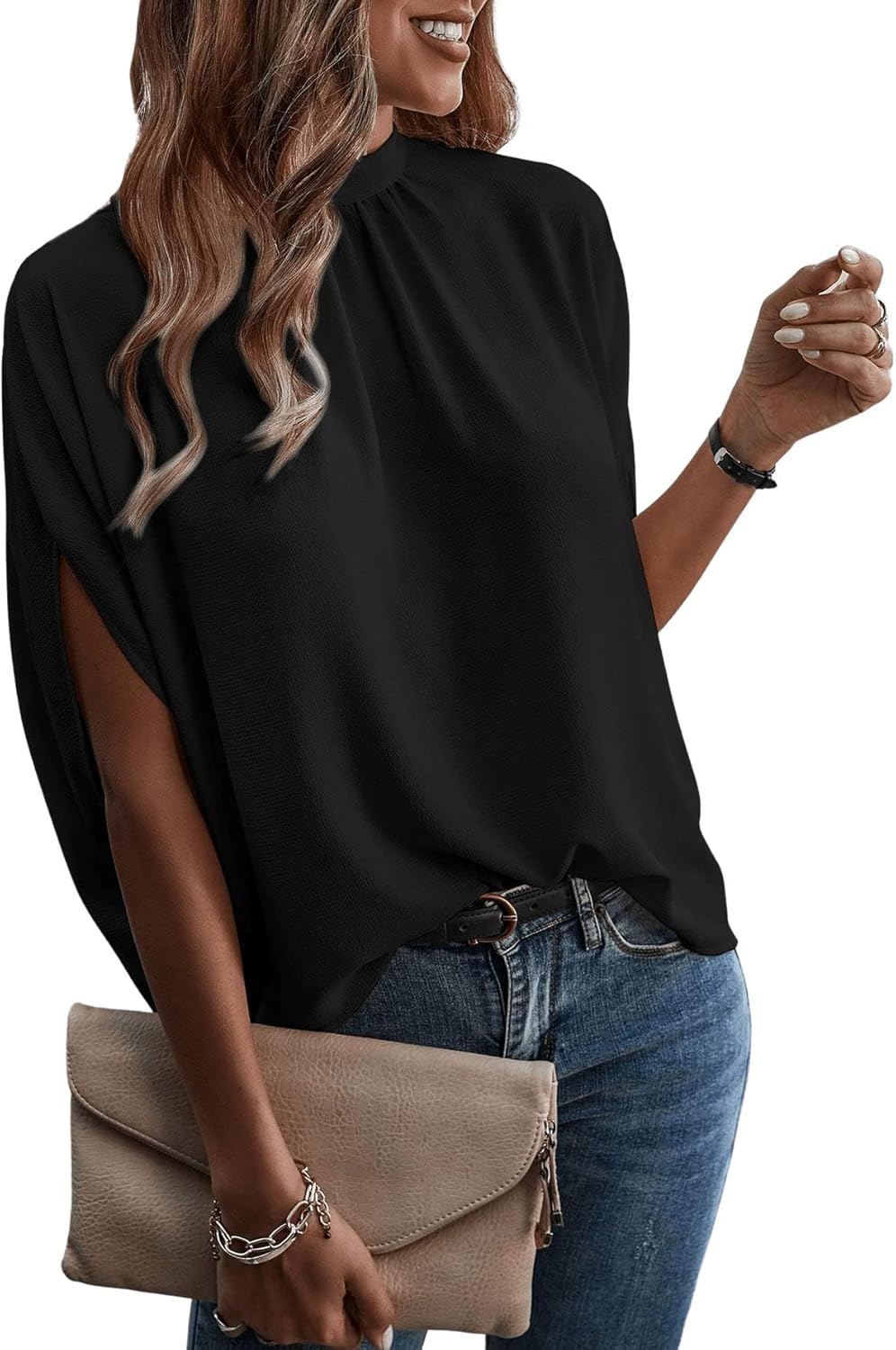women Casual Tie Back Dolman Sleeve Mock Neck Blouse Top