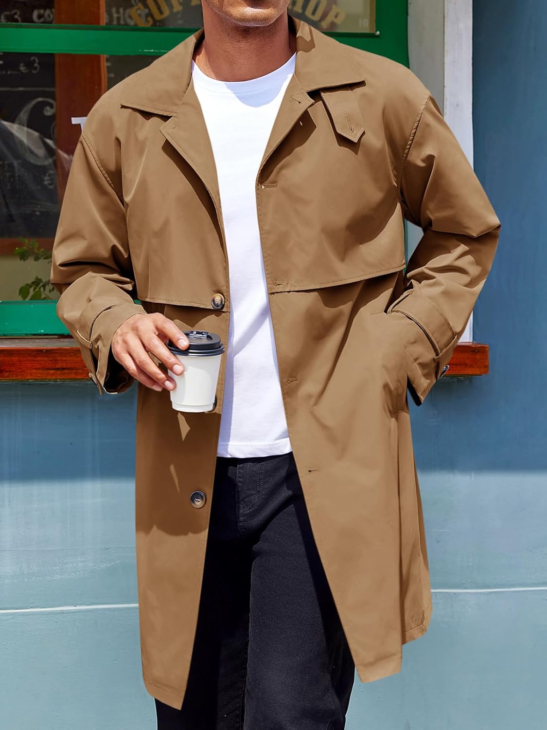 Mens Trench Coat Single Breasted Slim Fit Mid Long Jackets Casual Fall Windbreaker Overcoat - Image 2