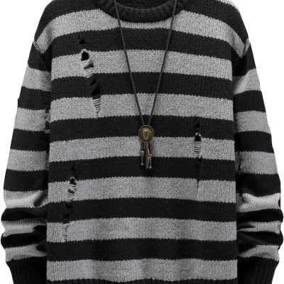 Men Distressed Contrast Binding Round Neck Sweater Striped Long Sleeve Knit Top