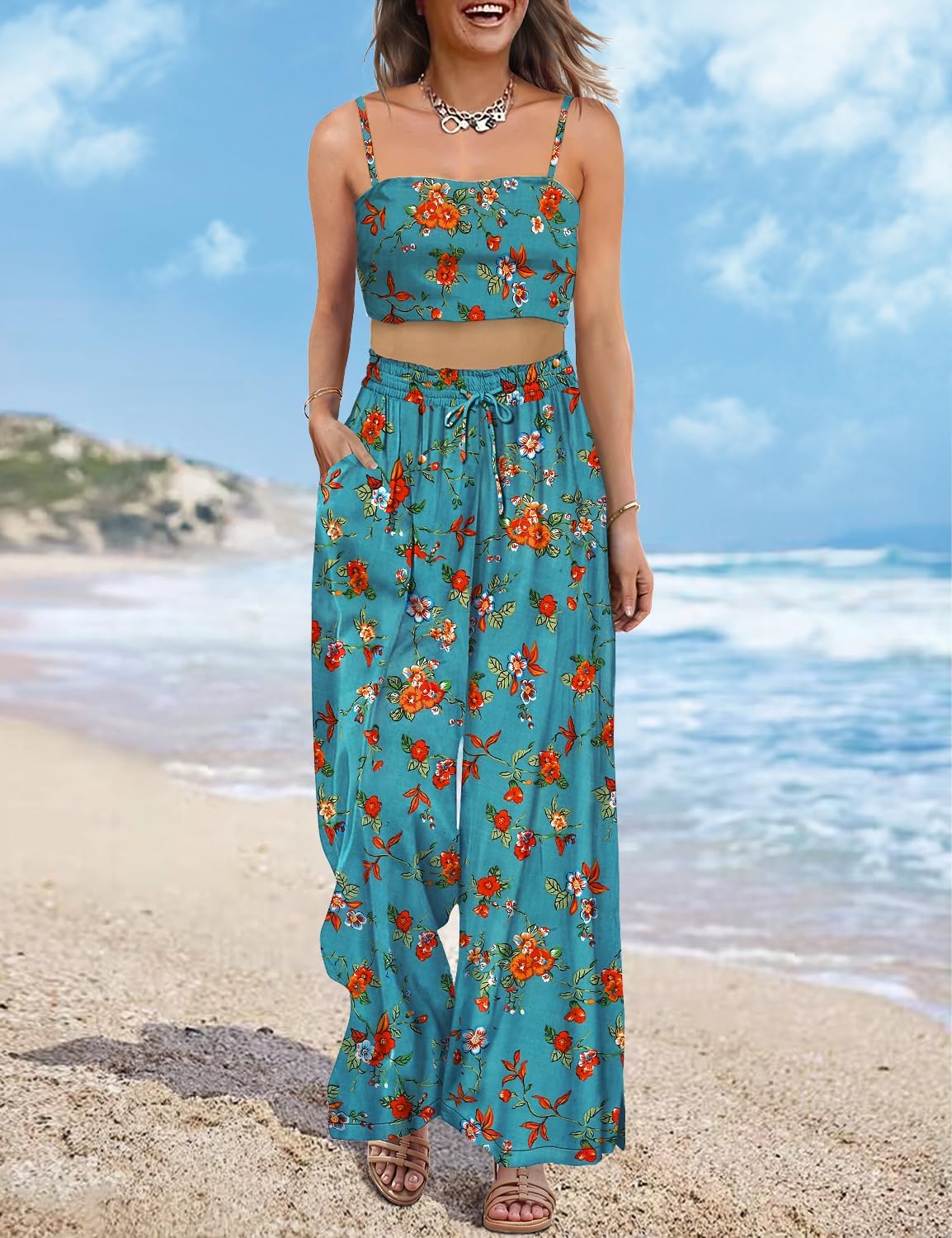 Women Summer Boho Palazzo Pants High Waist Wide Leg Floral Casual Cotton Lounge Trousers with Pockets PP0 - Image 2