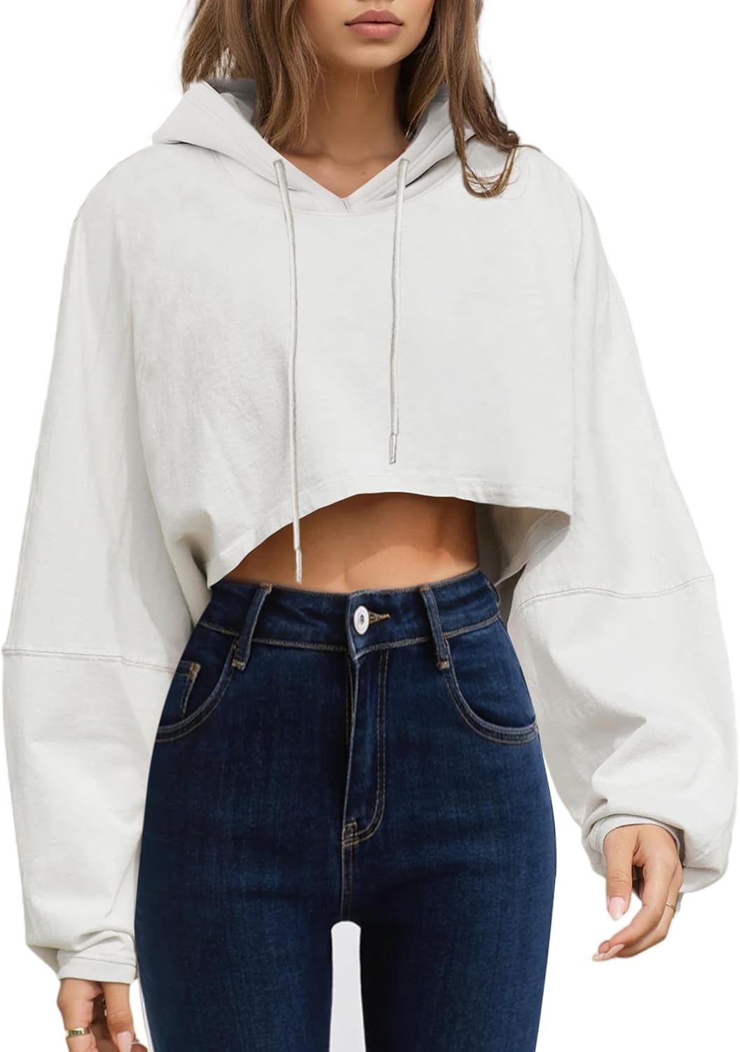 Women's Hoodies Pullover Long Sleeve Cropped Sweatshirt Loose Shirt