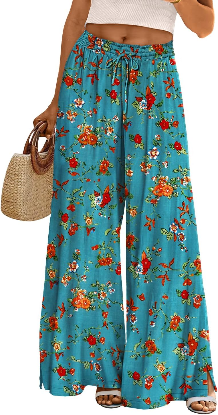 Women Summer Boho Palazzo Pants High Waist Wide Leg Floral Casual Cotton Lounge Trousers with Pockets PP0