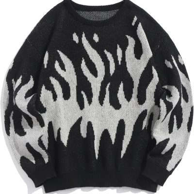 Men Crewneck  Sweaters  Aesthetic Flame Graphic Knitted Sweater Casual Pullover Long Sleeve Jumpers